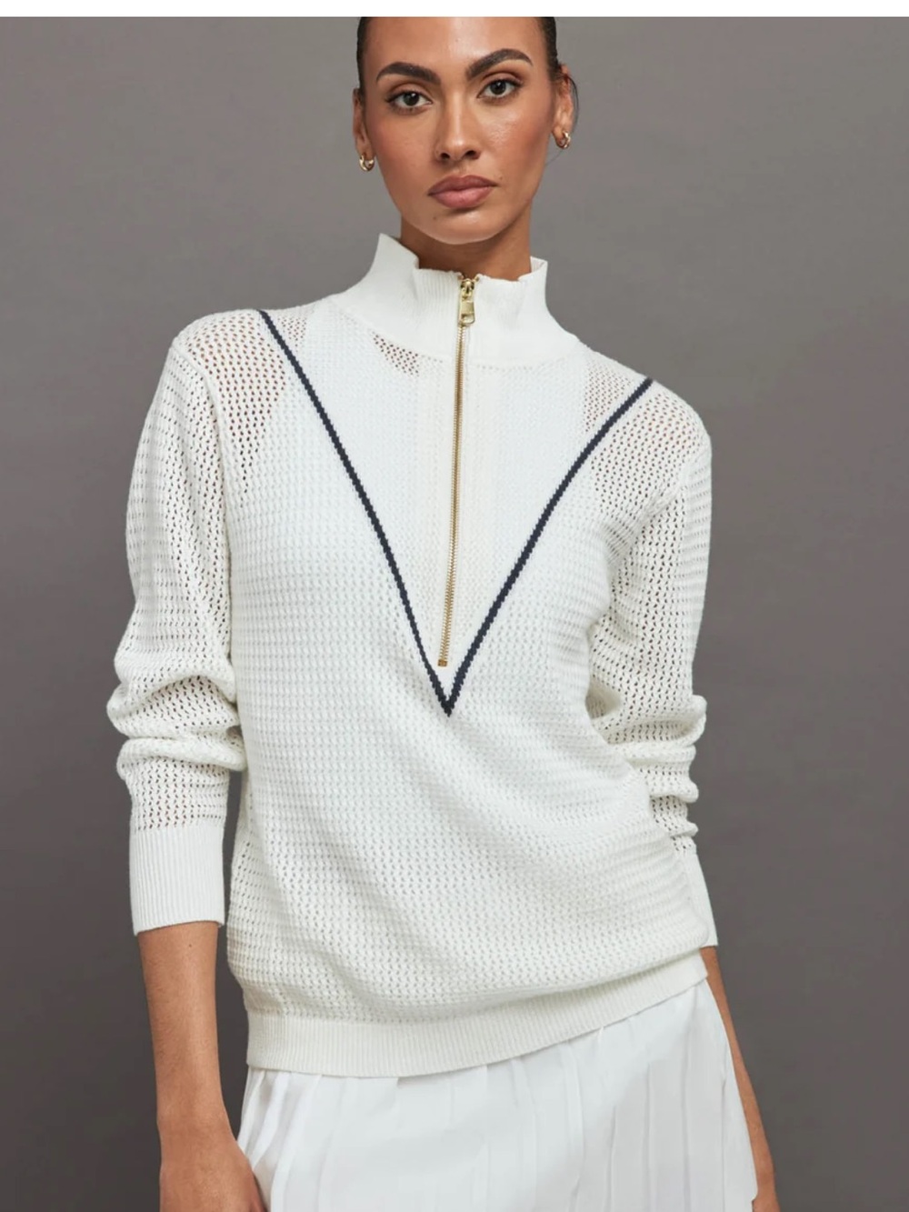 Varley Calva Knit Long Sleeve 1/2 Zip Polo Cotton Sweater White Size Medium